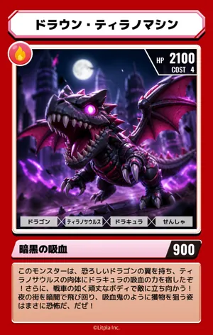 マゼモンカード「ドラウン・ティラノマシン」。ぞくせいはほのお、HP2100、COST4、わざ「暗黒の吸血」900