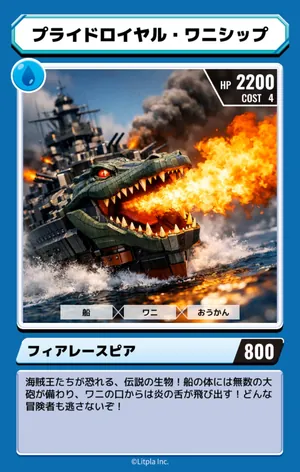 マゼモンカード「プライドロイヤル・ワニシップ」。ぞくせいはみず、HP2200、COST4、わざ「フィアレースピア」800