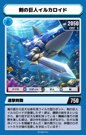 マゼモンカード「剣の巨人イルカロイド」。ぞくせいはみず、HP2050、COST3、わざ「連撃剣舞」750